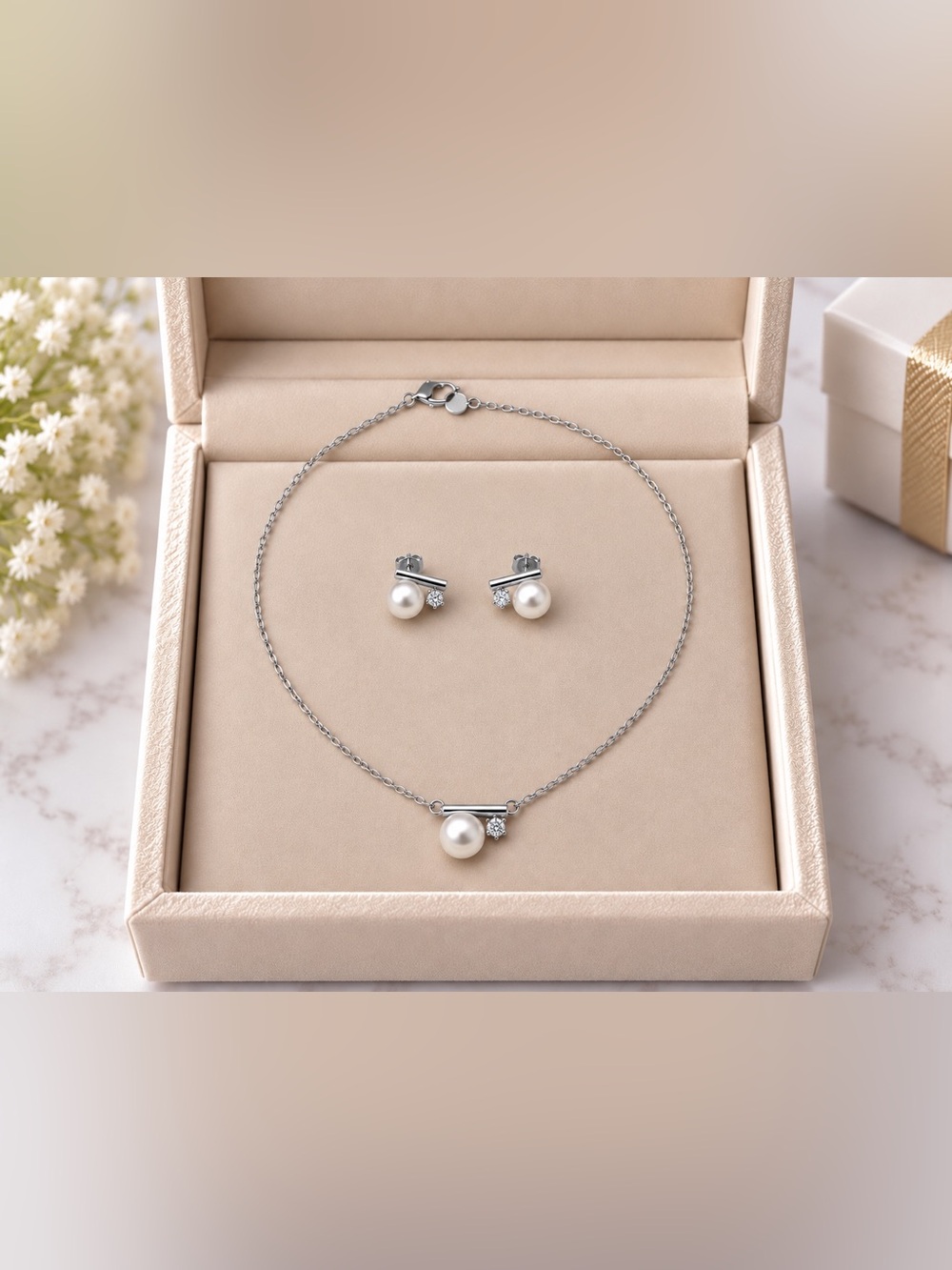 Pearl Pendant Necklace with Matching Stud Earrings - White Pearls